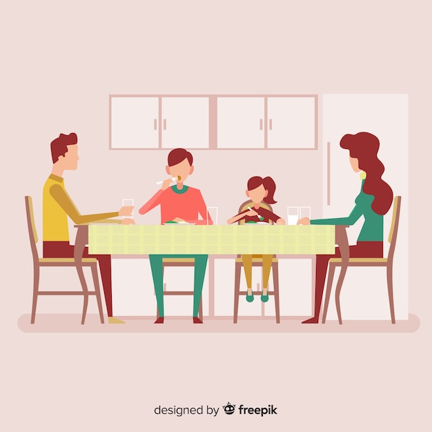 Hand drawn family sitting around table illustration