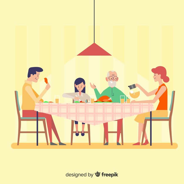 Hand drawn family sitting around table illustration