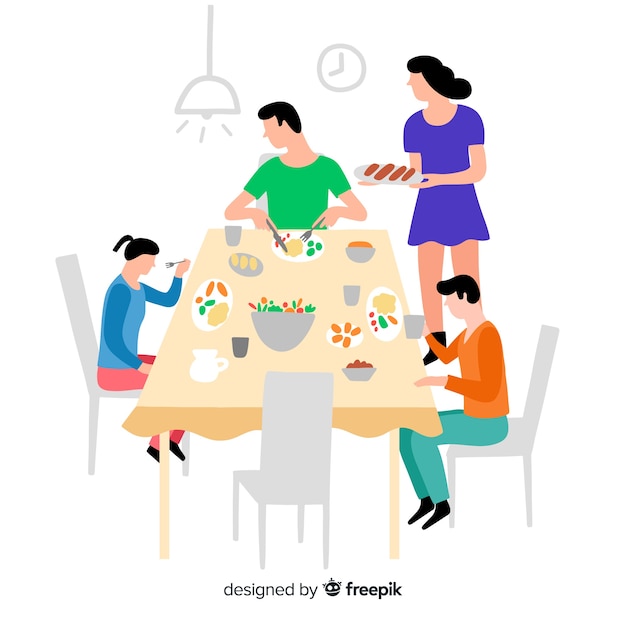 Hand drawn family sitting around table illustration