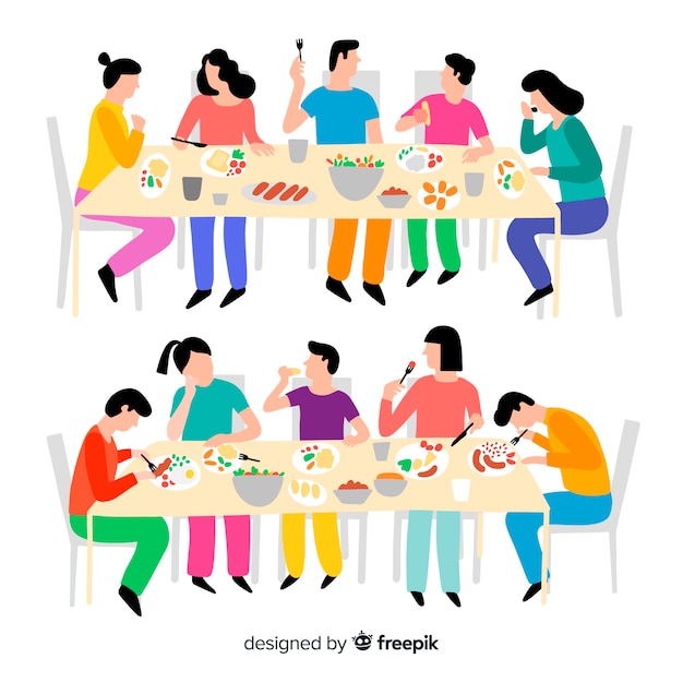 Hand drawn family sitting around table illustration