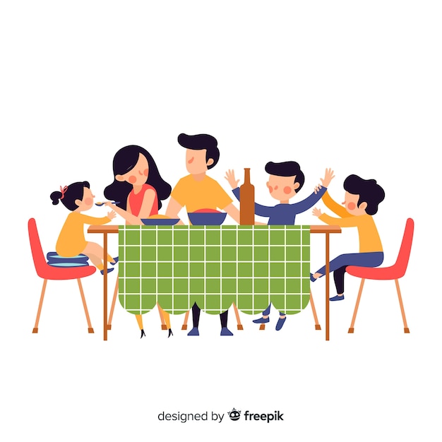 Hand drawn family sitting around table illustration