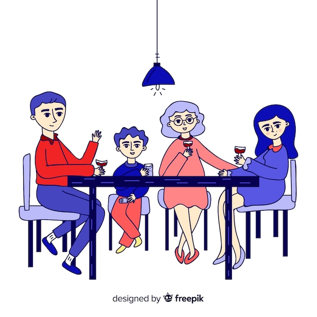 Hand drawn family sitting around table illustration