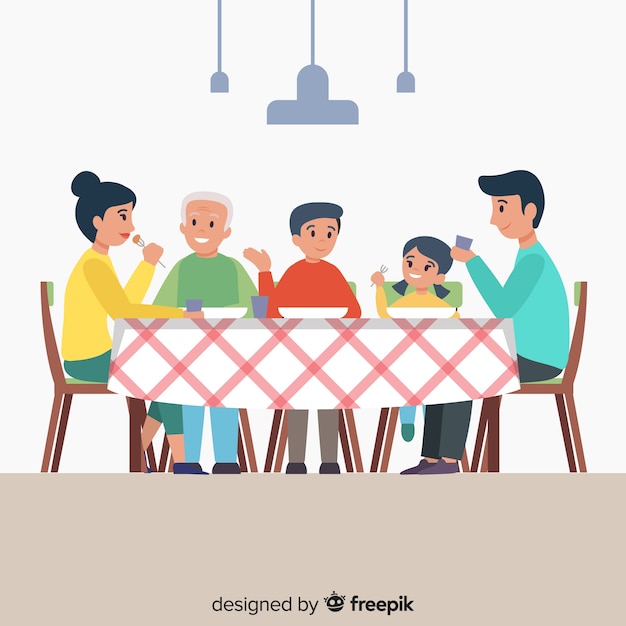 Hand drawn family sitting around table illustration