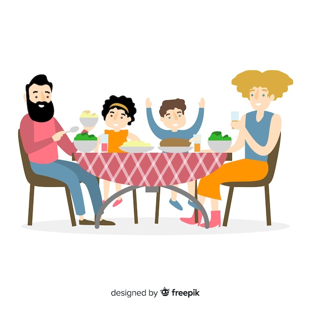 Hand drawn family sitting around table illustration