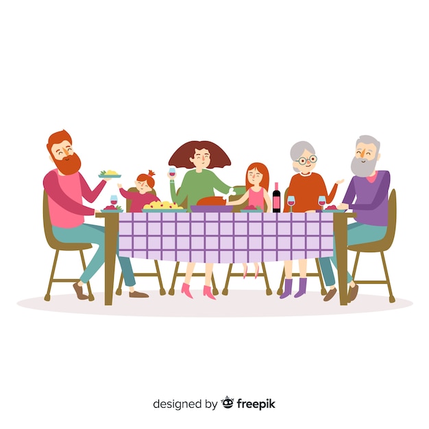 Hand drawn family sitting around table illustration