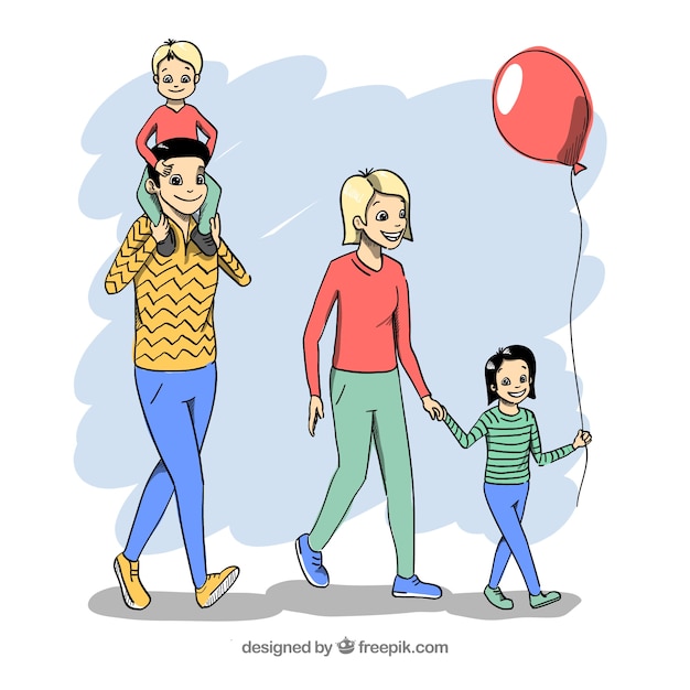 Hand drawn family with happy children