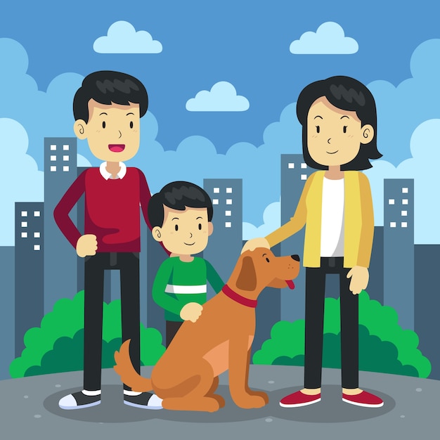 Hand drawn family with pets illustration