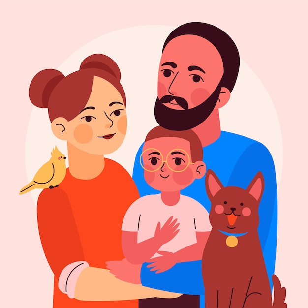 Hand drawn family with pets illustration