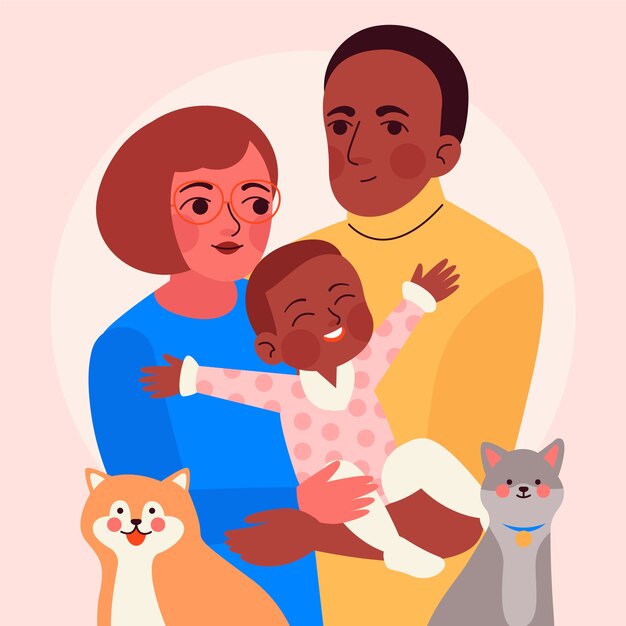 Hand drawn family with pets illustration