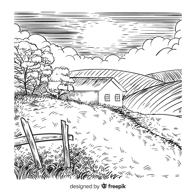 Hand drawn farm landscape background