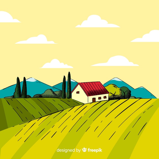 Free Vector hand drawn farm landscape background