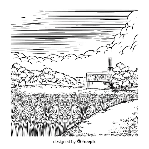 Hand drawn farm landscape