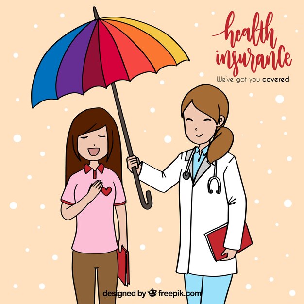 Hand drawn female doctor and patient with umbrella