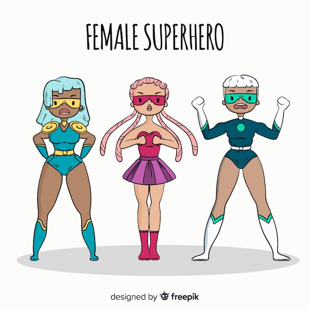 Free Vector hand drawn female superhero character collection