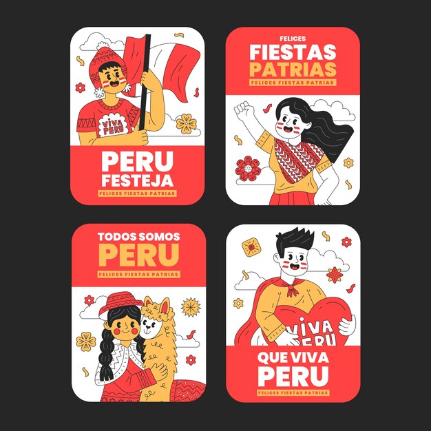 Hand drawn fiestas patrias peru labels collection with people and llama