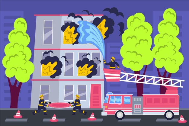 Hand drawn firefighters putting out a fire together