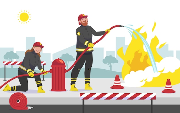 Hand drawn firefighters putting out a fire