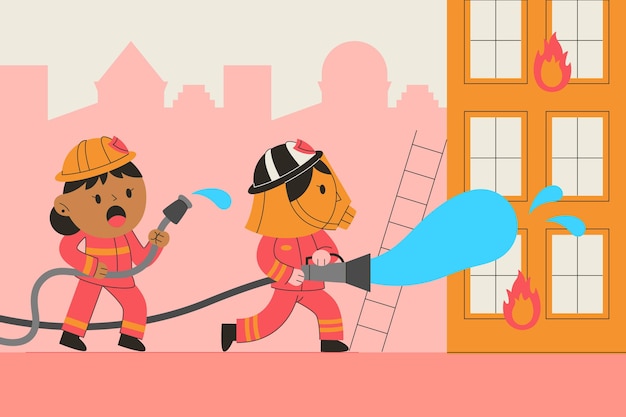 Hand drawn firefighters putting out a fire