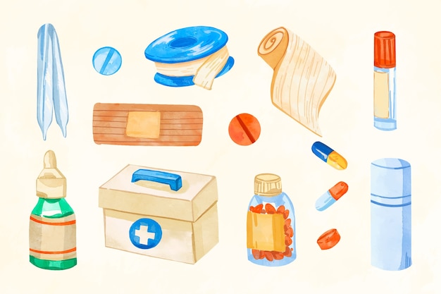 Hand drawn first aid kit collection element