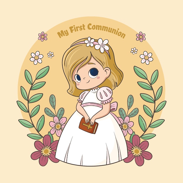 Hand drawn first communion girl illustration