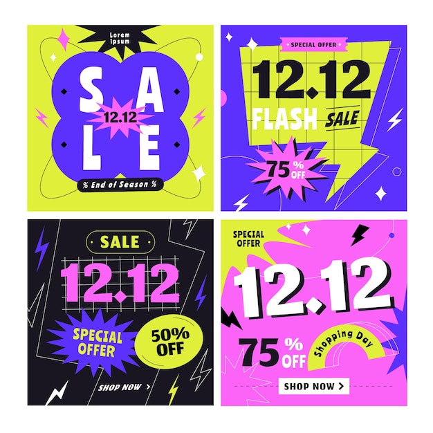 Hand drawn flat 12.12 sale social media posts collection