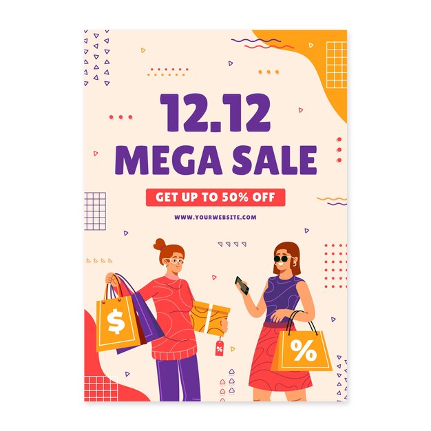 Hand drawn flat 12.12 sale vertical flyer template