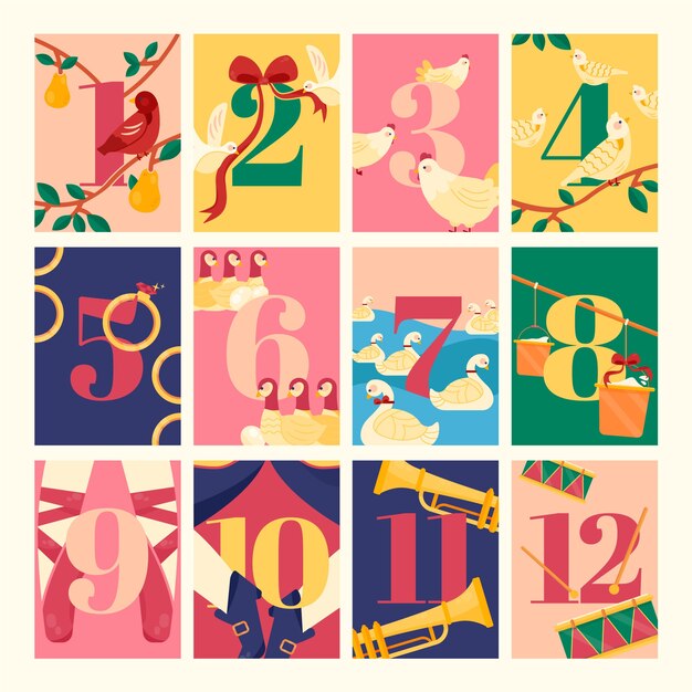 Hand drawn flat 12 days of christmas illustration