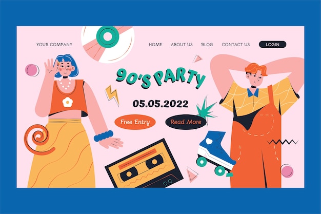 Hand drawn flat 90s party landing page