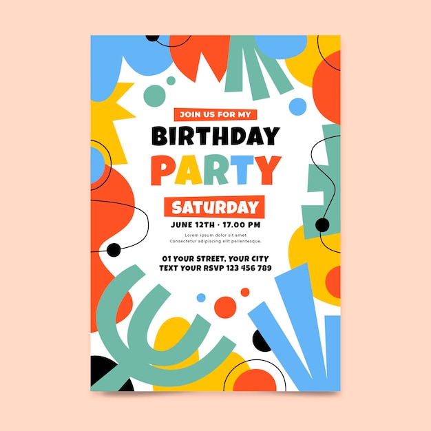 Hand drawn flat abstract shapes birthday invitation template