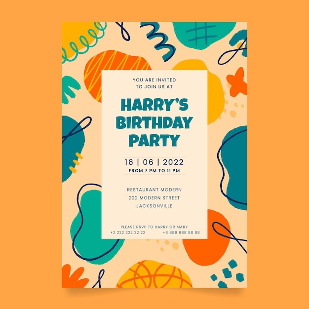 Free Vector hand drawn flat abstract shapes birthday invitation template