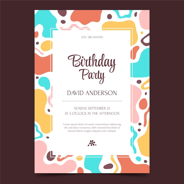 Hand drawn flat abstract shapes birthday invitation template