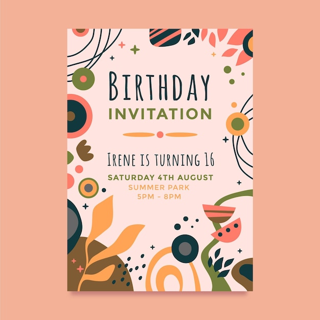 Free Vector hand drawn flat abstract shapes birthday invitation template