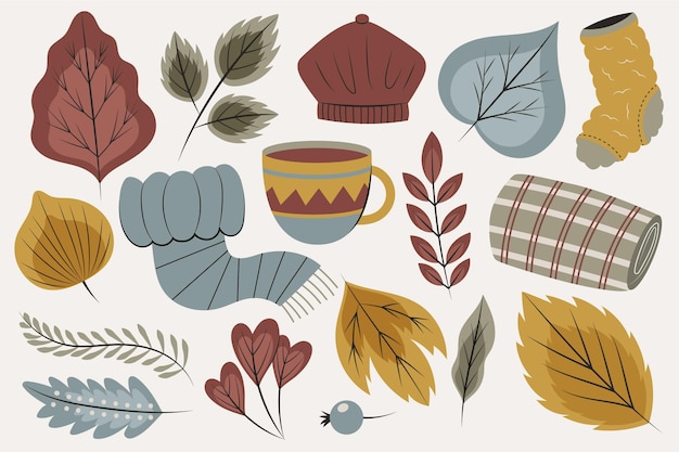 Hand drawn flat autumn elements collection