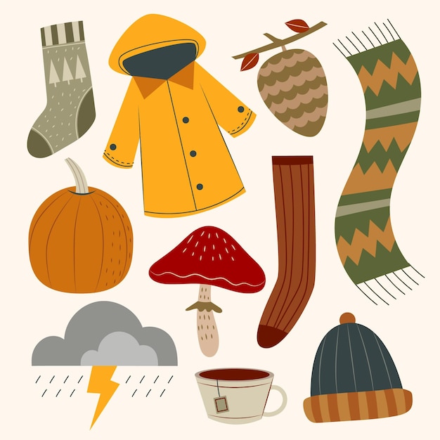 Hand drawn flat autumn elements collection