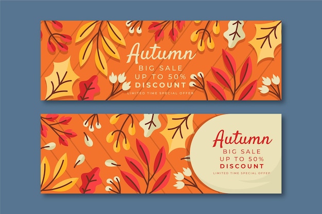 Hand drawn flat autumn horizontal sale banners set