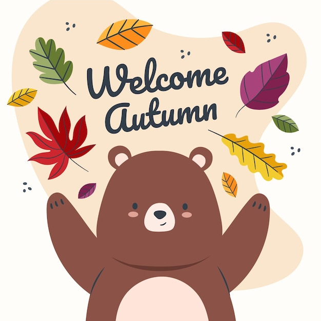 Hand drawn flat autumn illustration with bear and leaves