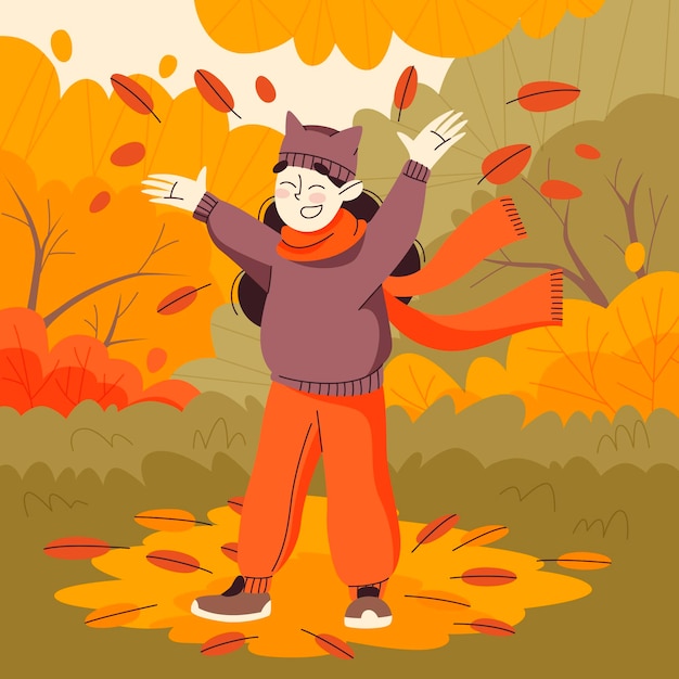 Free vector hand drawn flat autumn illustration with happy woman outdoors