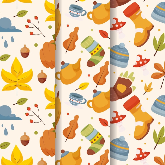 Hand drawn flat autumn patterns collection