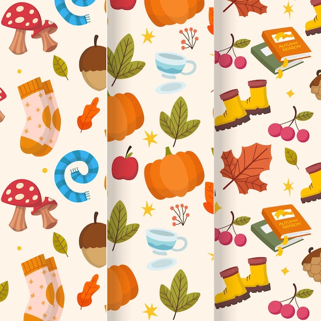 Hand drawn flat autumn patterns collection