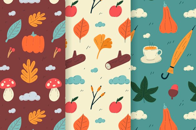 Hand drawn flat autumn patterns collection