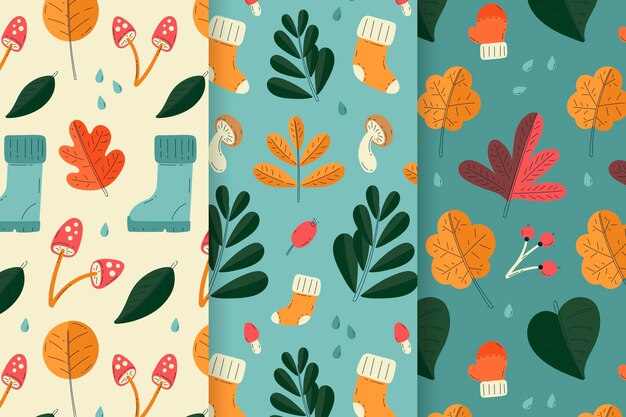 Hand drawn flat autumn patterns collection