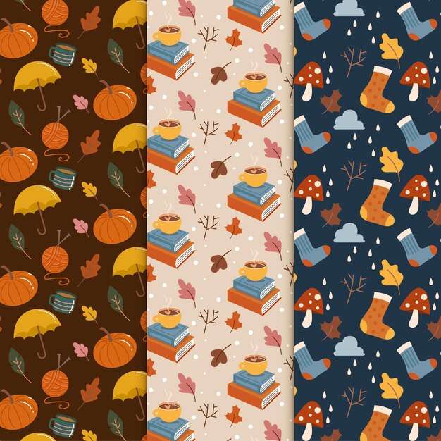 Hand drawn flat autumn patterns collection