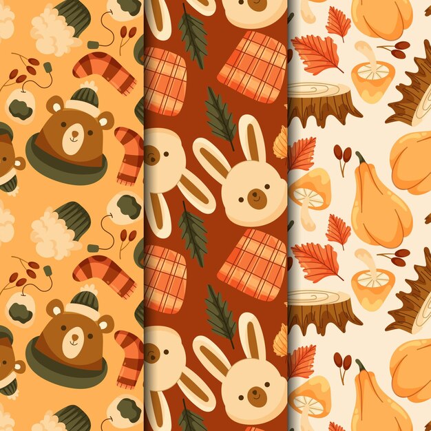 Hand drawn flat autumn patterns collection