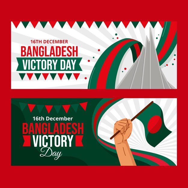 Hand drawn flat bangladesh victory day horizontal banners set