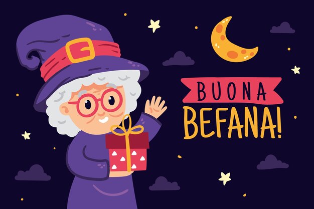 Hand drawn flat befana background