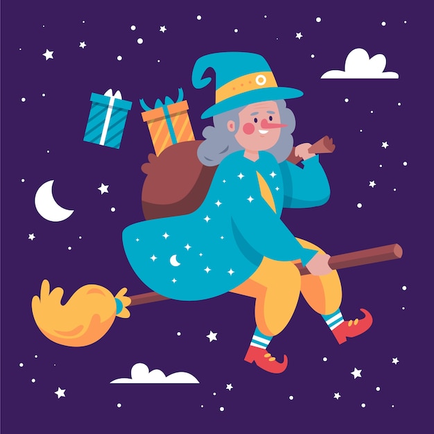 Hand drawn flat befana illustration