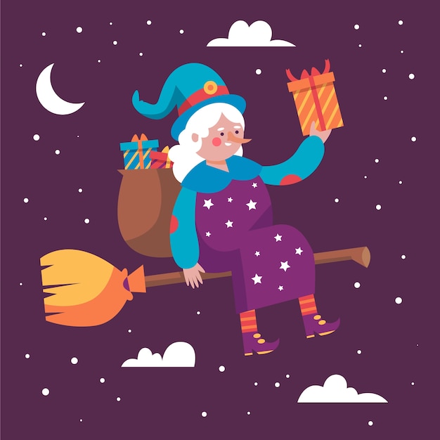 Hand drawn flat befana illustration