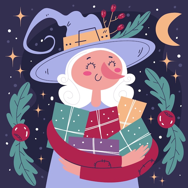 Hand drawn flat befana illustration