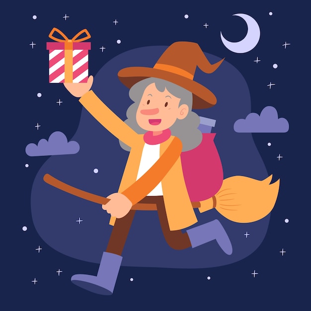 Hand drawn flat befana illustration