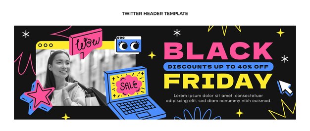 Hand drawn flat black friday twitter cover template